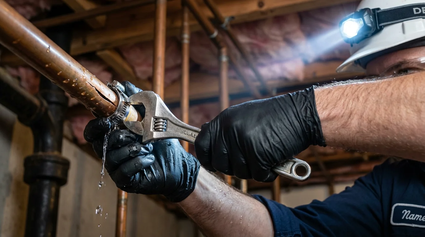 Emergency pipe clamp repair being performed by a Johns Plumbing LLC plumber in Haverhill