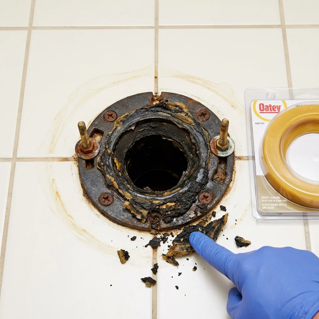 Failed wax ring showing water seepage at the base of a toilet in a Haverhill, MA home