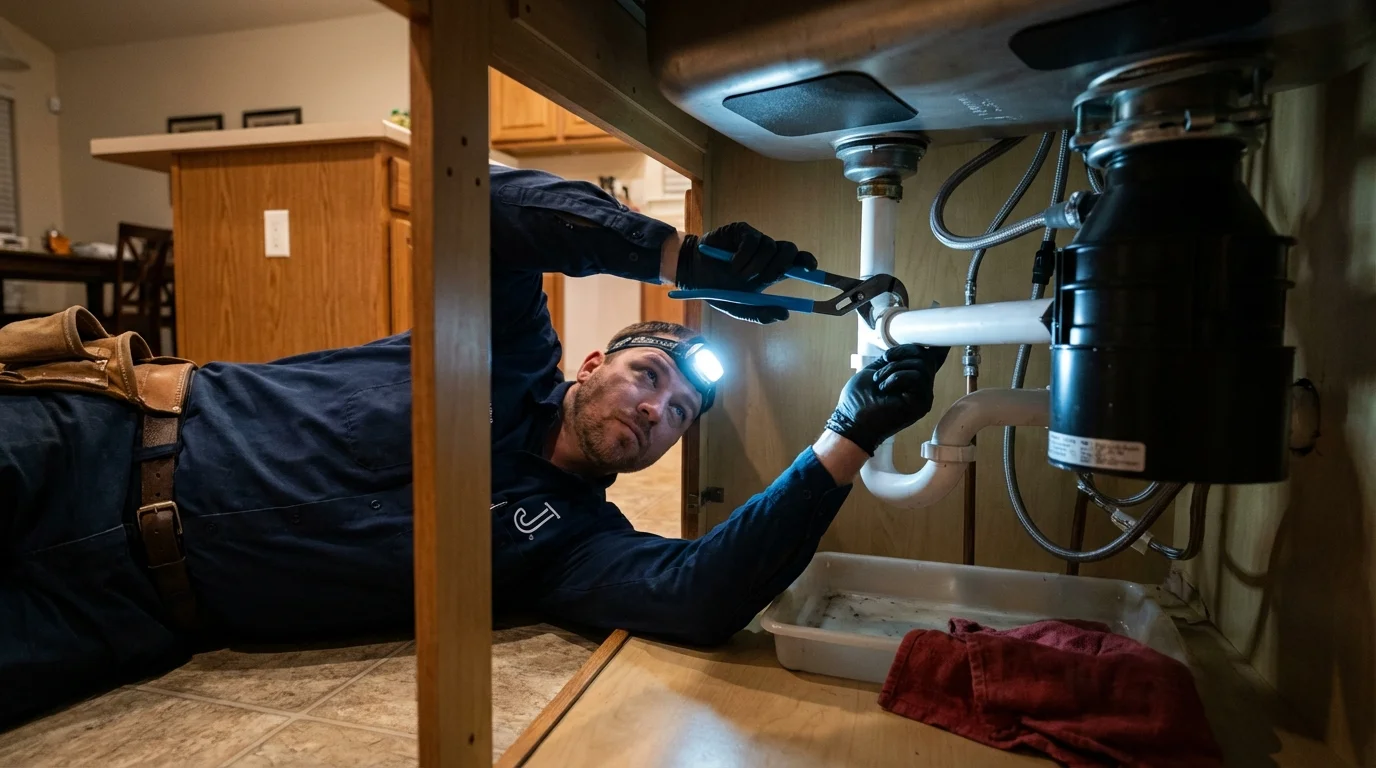 P-trap and supply line connections under a kitchen sink showing a common leak point in Haverhill, MA